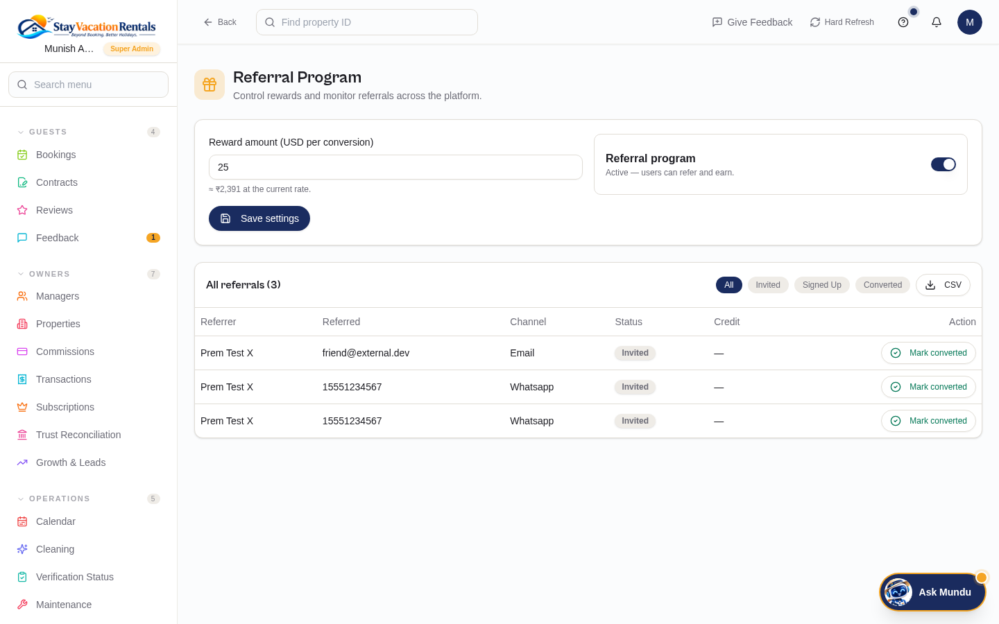 Referral Settings